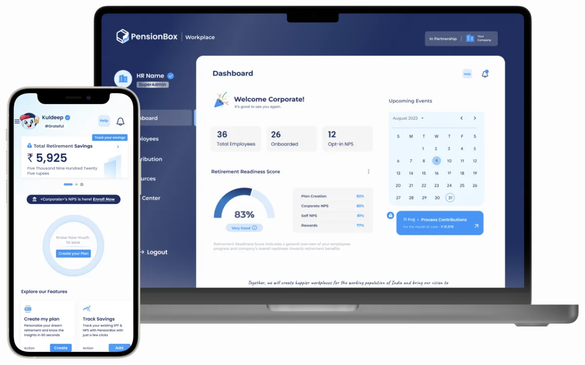 PensionBox Workplace dashboard on a laptop beside the PensionBox app showing retirement savings on a phone